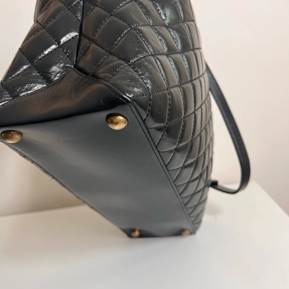 CHANEL Black Quilted Leather Laptop Tote with Gold Chain Strap